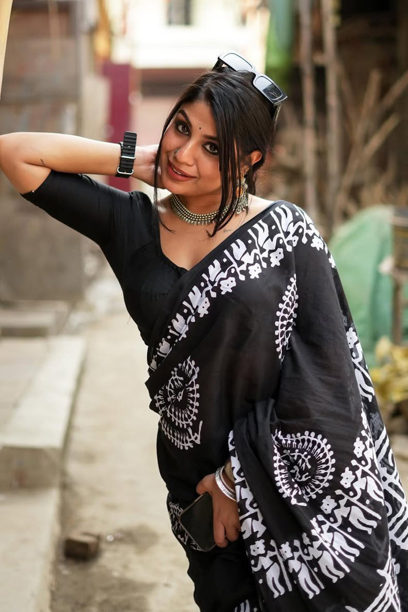 Extraordinary 1 Minute Ready To Wear Black Cotton Digital Printed Saree