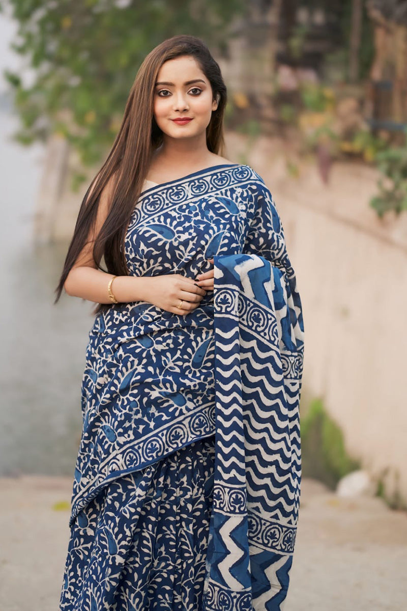 Wonderful 1 Minute Ready To Wear Blue Cotton Digital Printed Saree