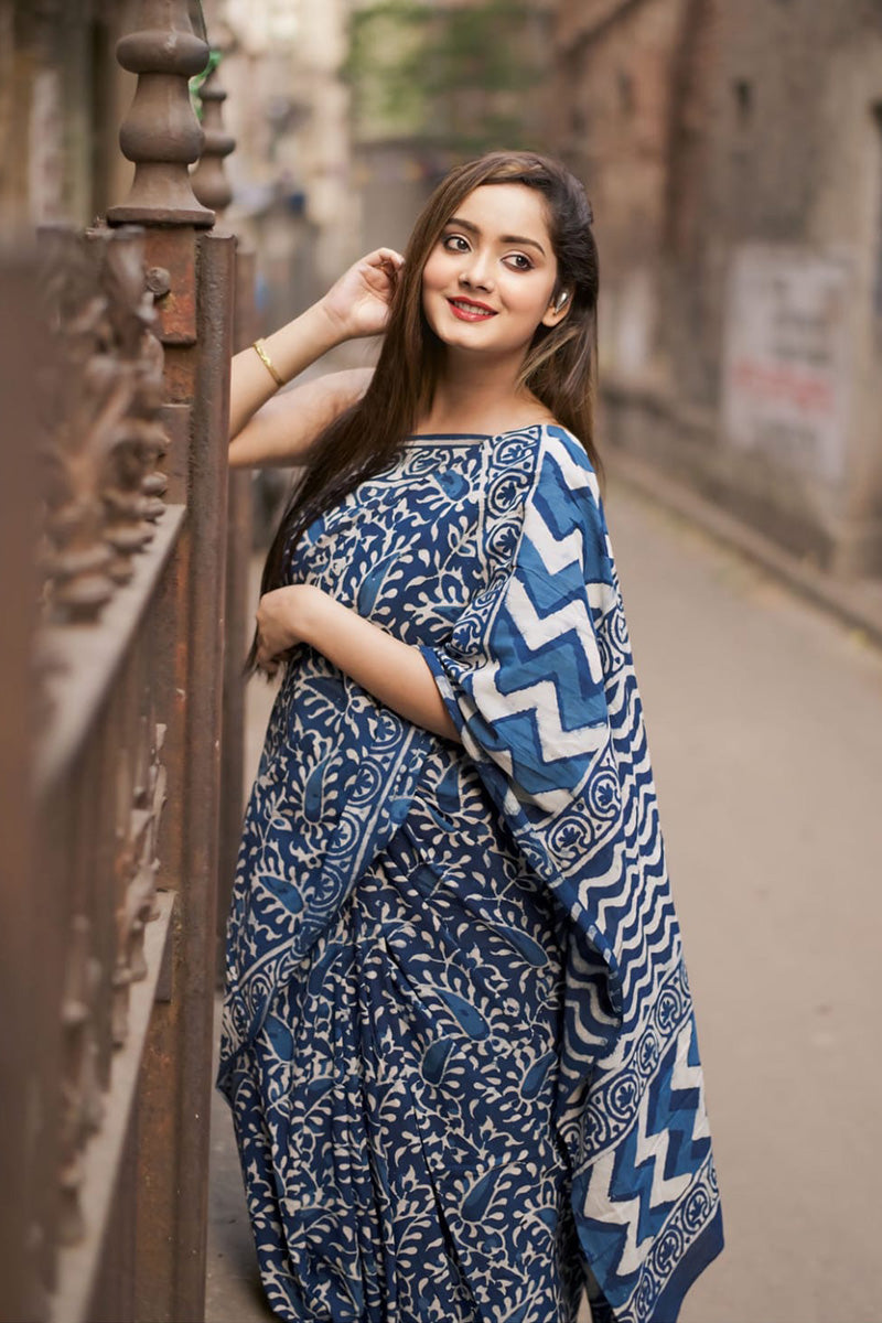 Wonderful 1 Minute Ready To Wear Blue Cotton Digital Printed Saree
