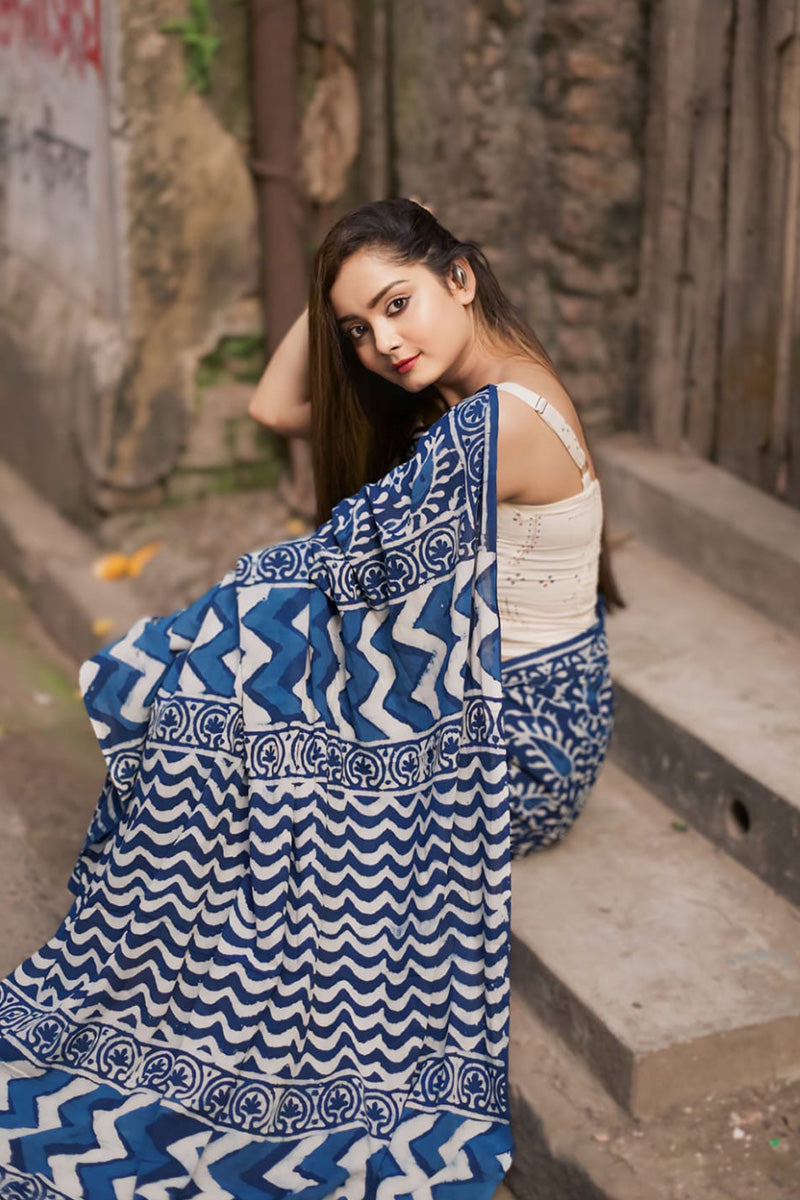 Wonderful 1 Minute Ready To Wear Blue Cotton Digital Printed Saree