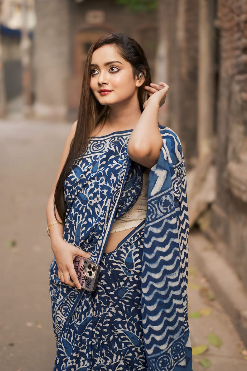 Wonderful 1 Minute Ready To Wear Blue Cotton Digital Printed Saree