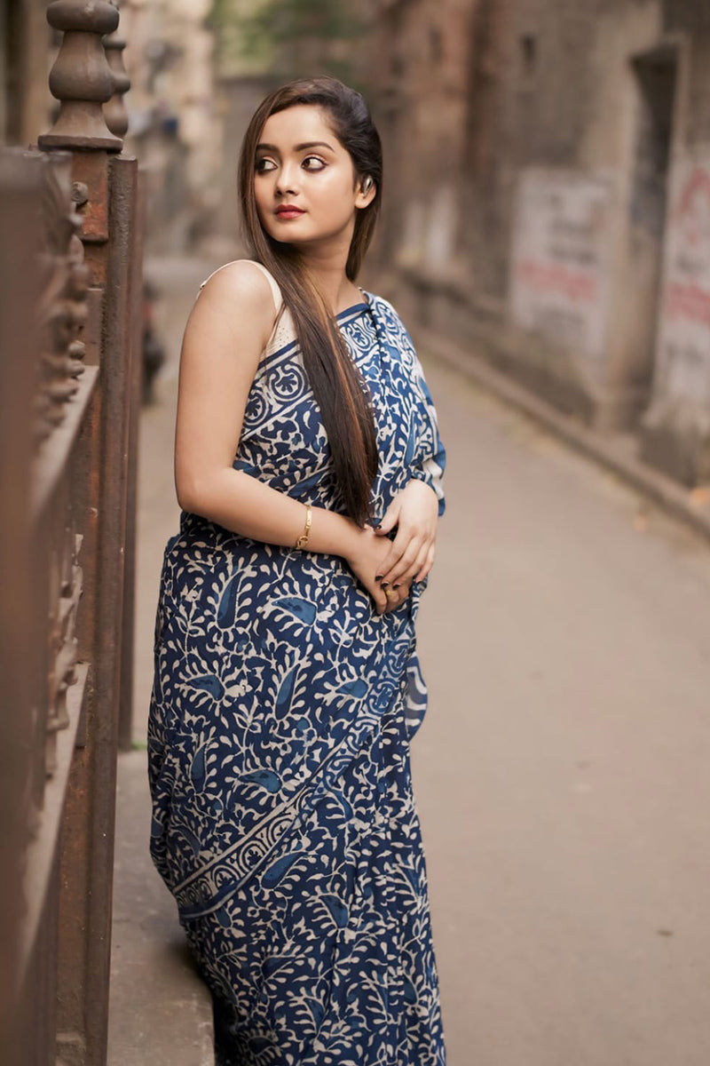 Wonderful 1 Minute Ready To Wear Blue Cotton Digital Printed Saree
