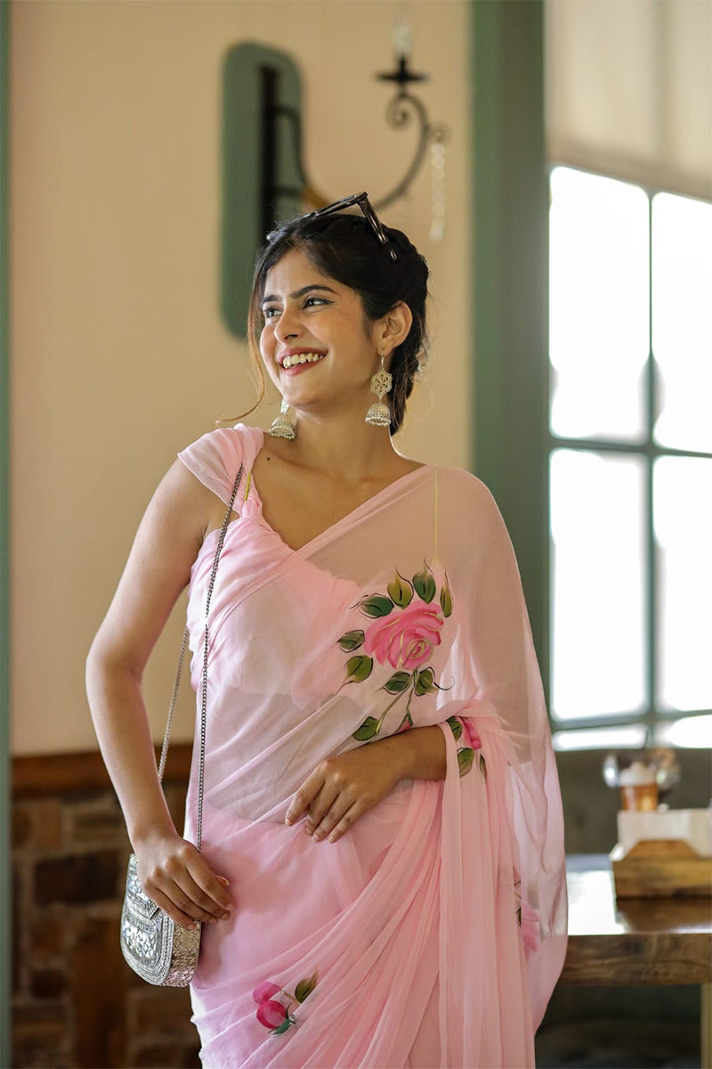 Preferable 1 Minute Ready To Wear Pink Georgette Floral Digital Printed Saree