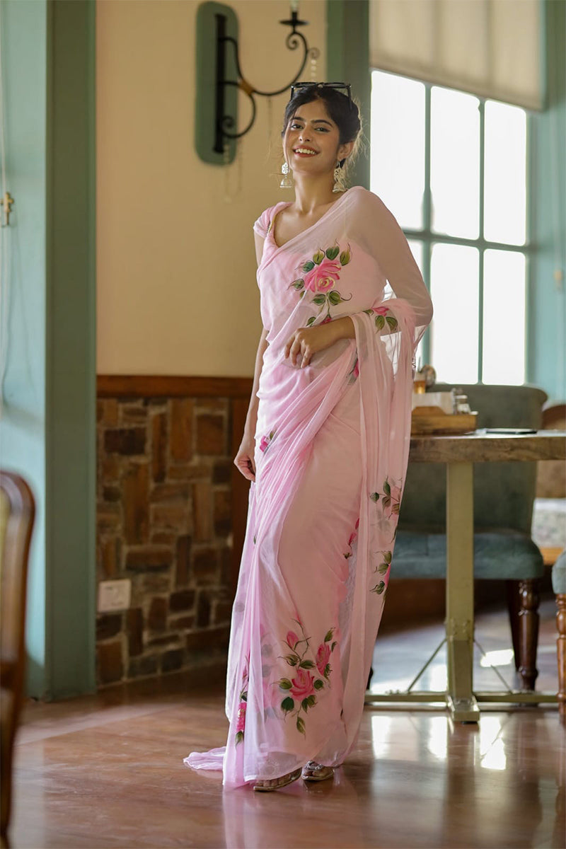 Preferable 1 Minute Ready To Wear Pink Georgette Floral Digital Printed Saree