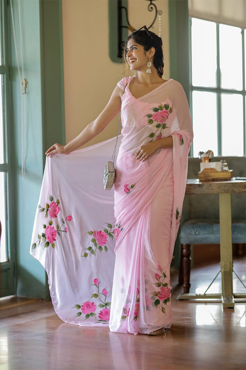 Preferable 1 Minute Ready To Wear Pink Georgette Floral Digital Printed Saree