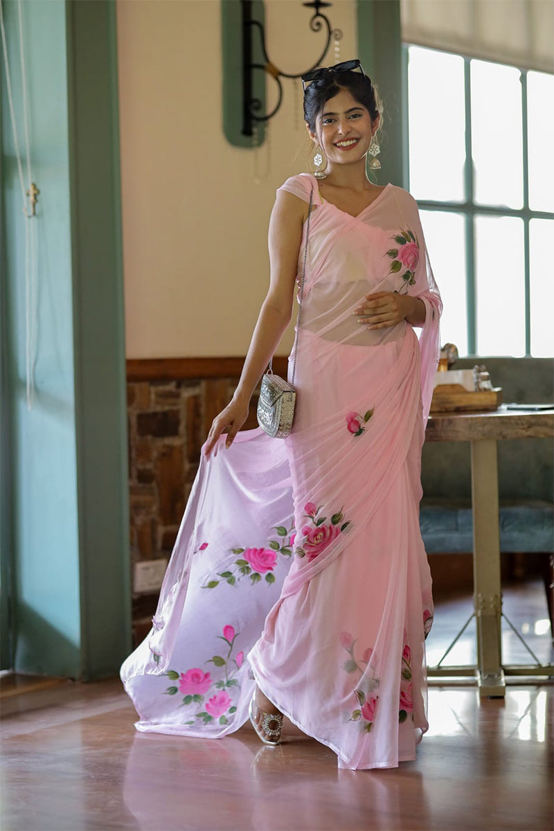 Preferable 1 Minute Ready To Wear Pink Georgette Floral Digital Printed Saree