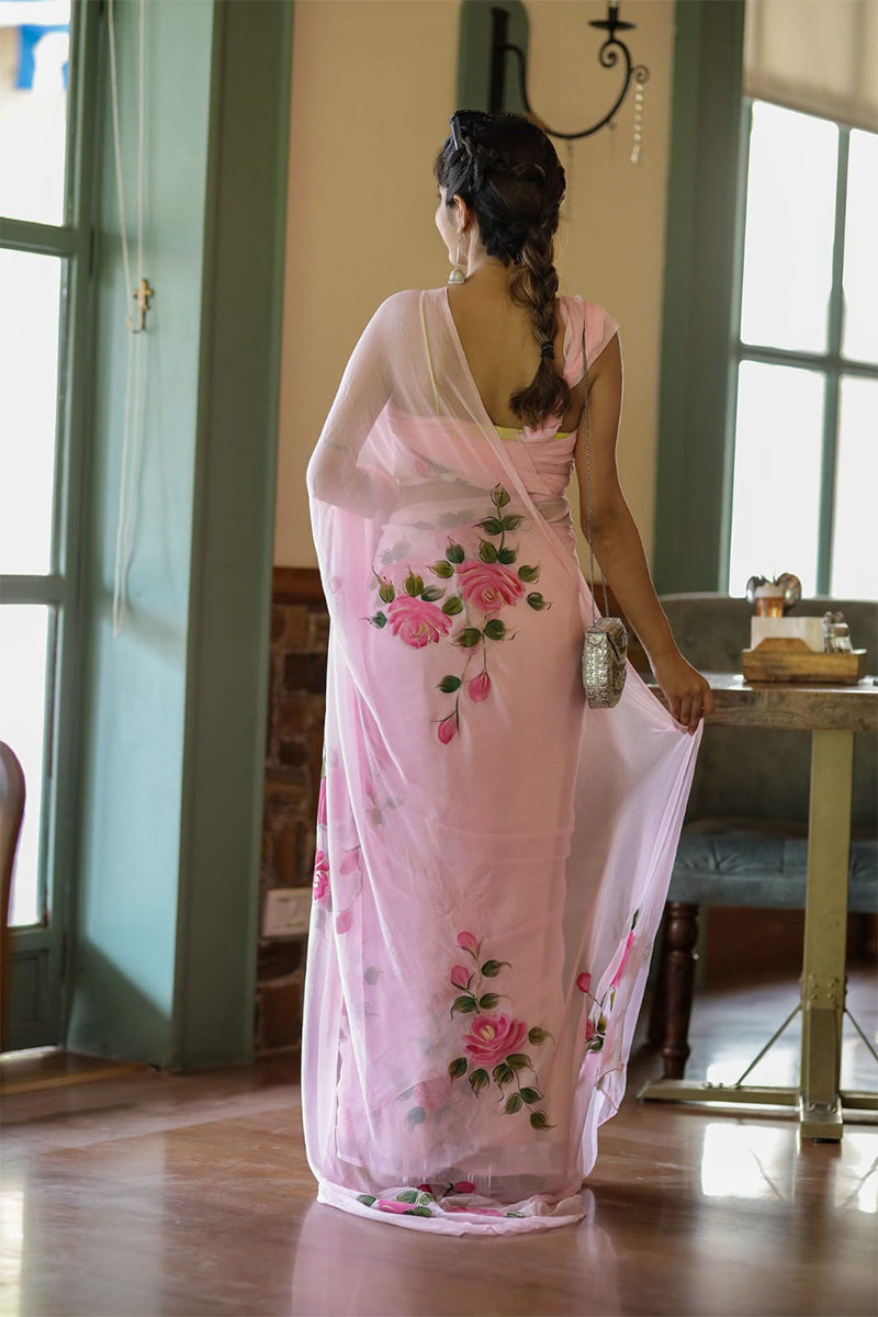 Preferable 1 Minute Ready To Wear Pink Georgette Floral Digital Printed Saree