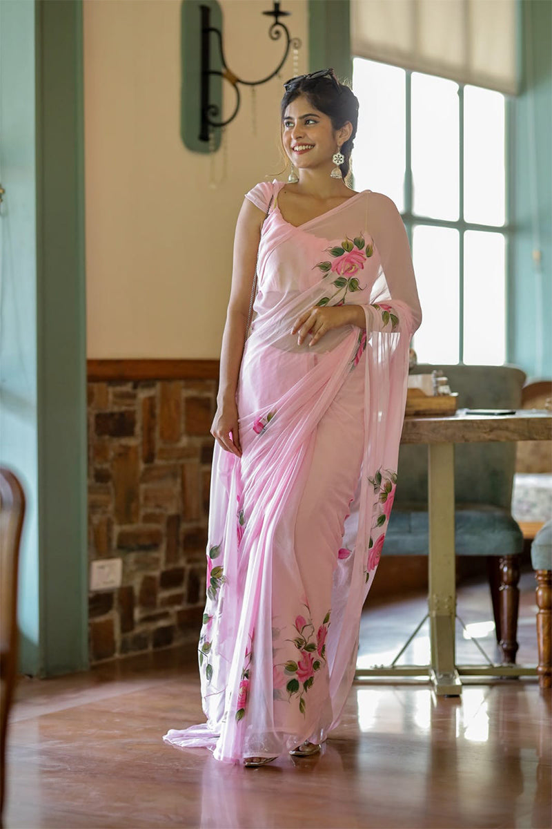 Preferable 1 Minute Ready To Wear Pink Georgette Floral Digital Printed Saree