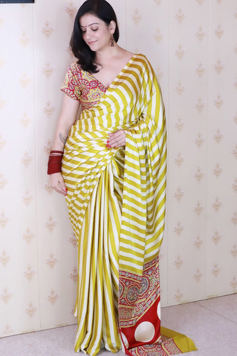 Extraordinary Yellow And White 1 Minute Ready To Wear Premium Crape Silk Saree