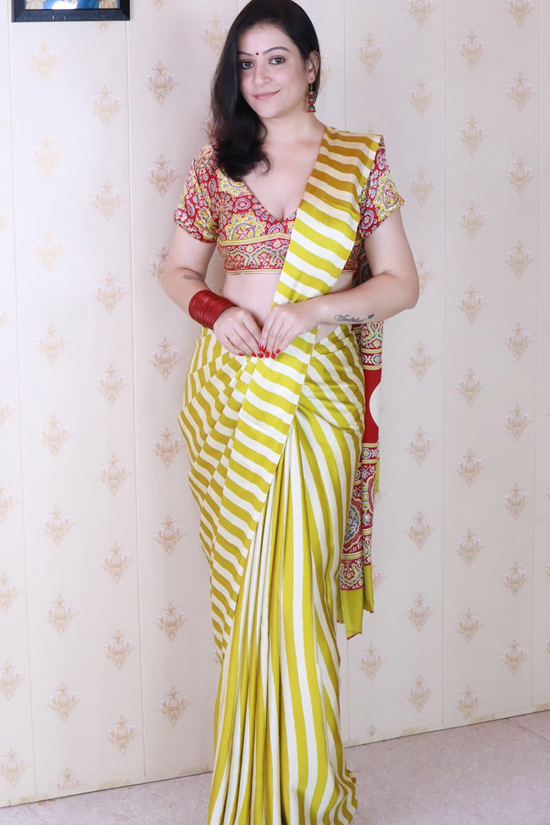 Extraordinary Yellow And White 1 Minute Ready To Wear Premium Crape Silk Saree
