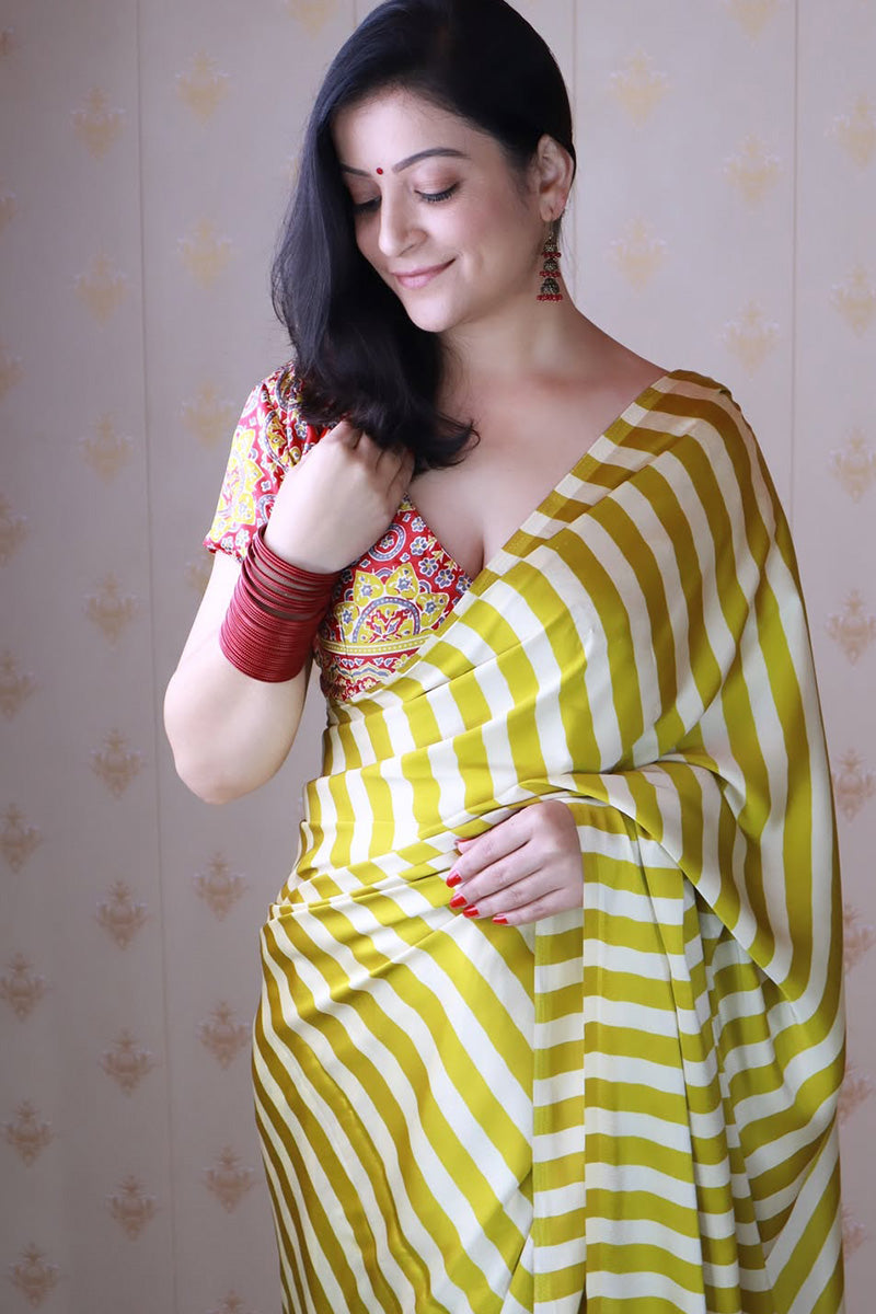 Extraordinary Yellow And White 1 Minute Ready To Wear Premium Crape Silk Saree