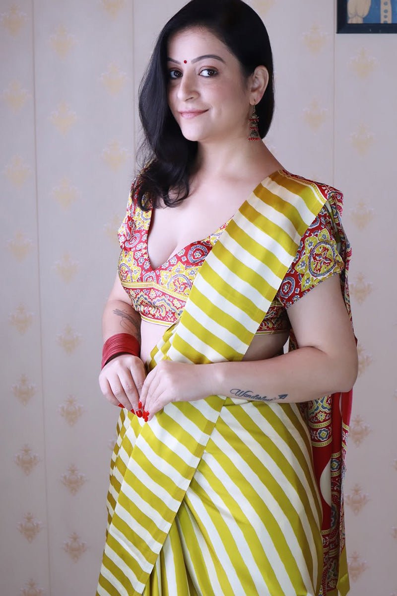 Extraordinary Yellow And White 1 Minute Ready To Wear Premium Crape Silk Saree