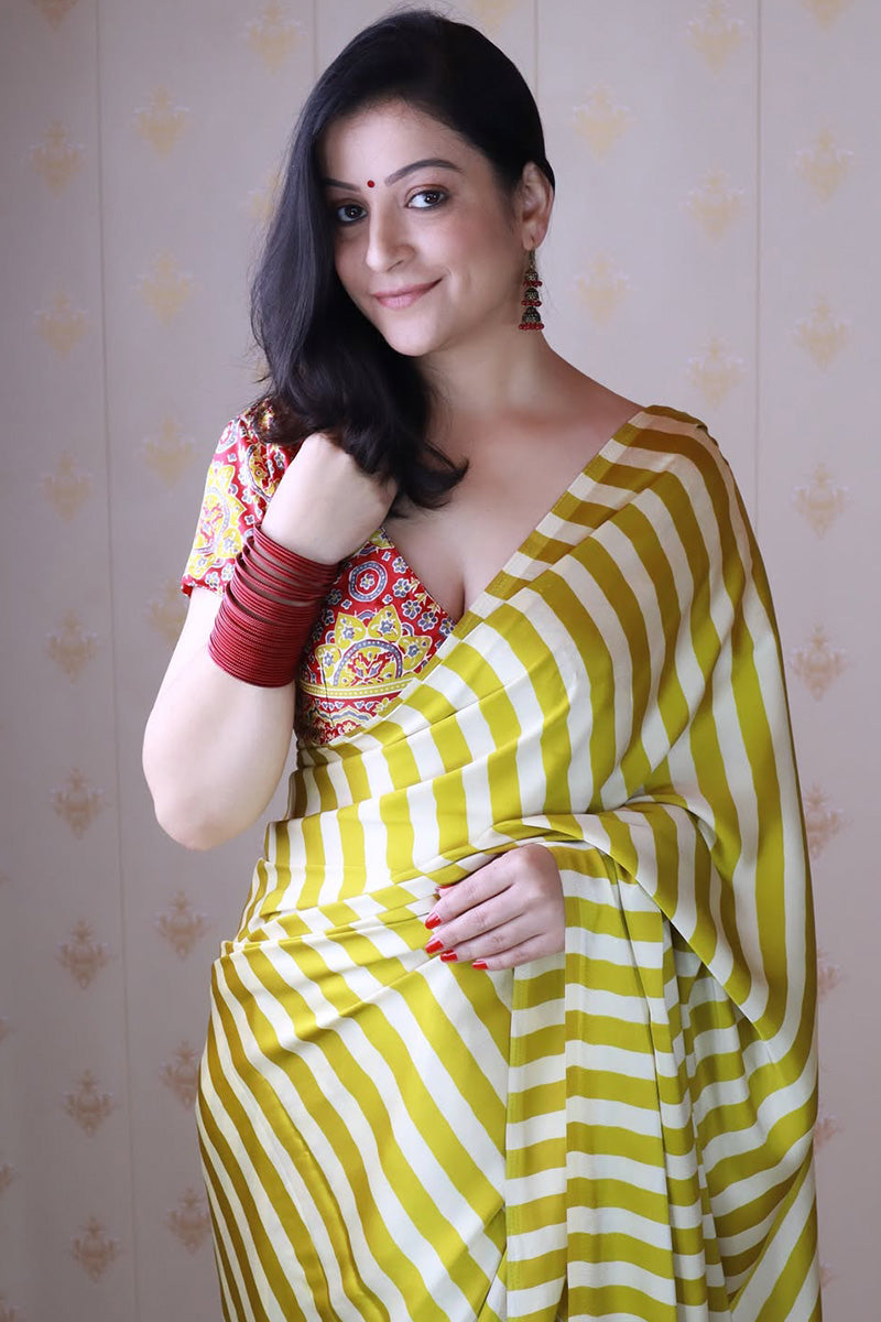 Extraordinary Yellow And White 1 Minute Ready To Wear Premium Crape Silk Saree