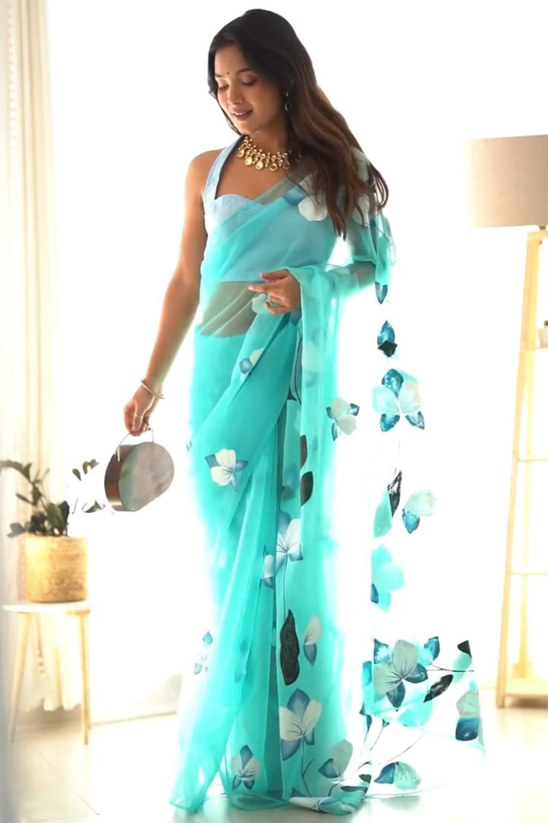 Amazing 1 Minute Ready To Wear Sky Blue Organza Floral Digital Printed Saree