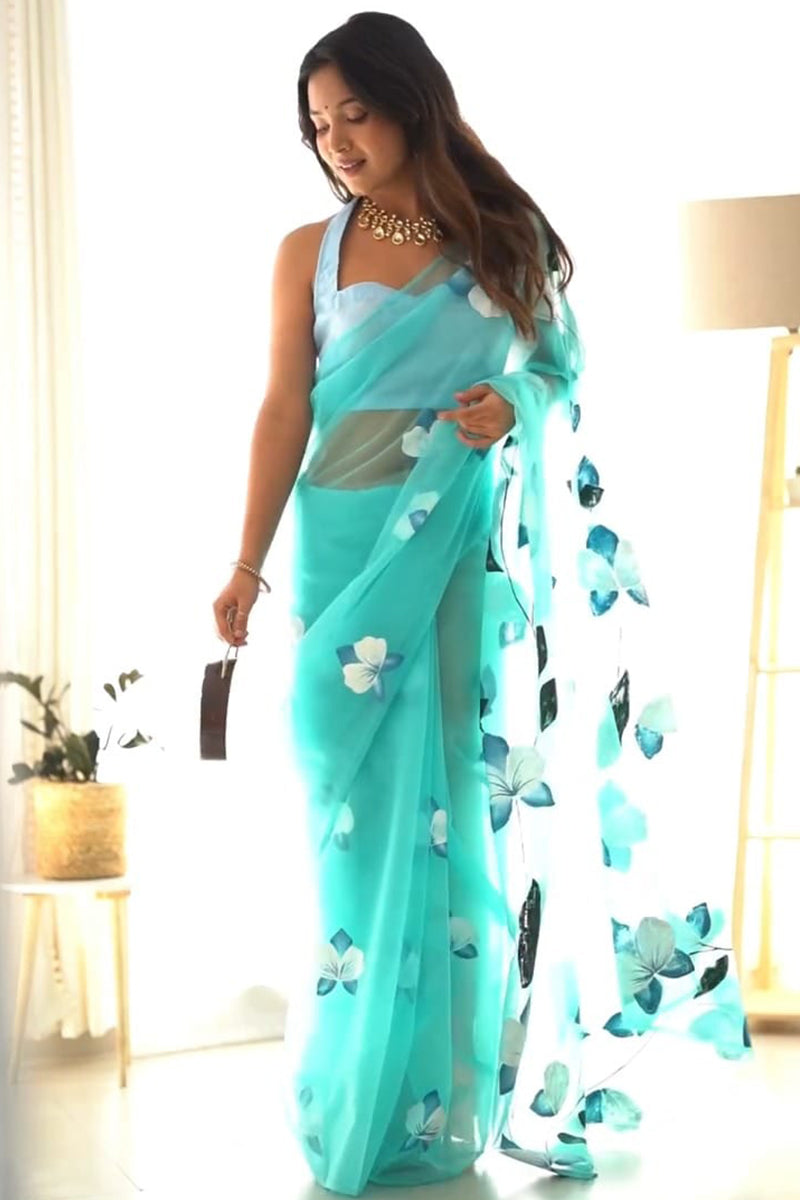 Amazing 1 Minute Ready To Wear Sky Blue Organza Floral Digital Printed Saree