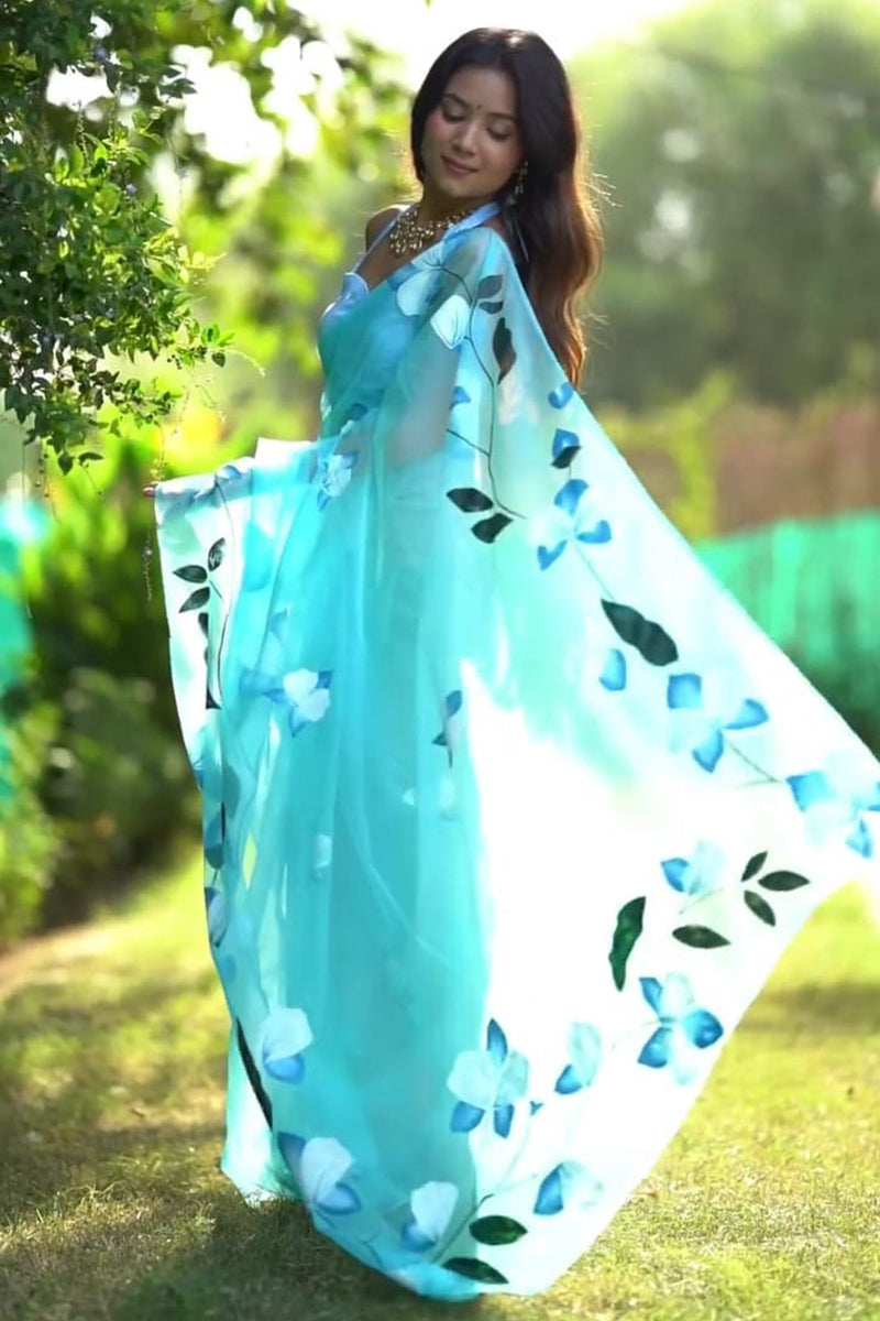 Amazing 1 Minute Ready To Wear Sky Blue Organza Floral Digital Printed Saree
