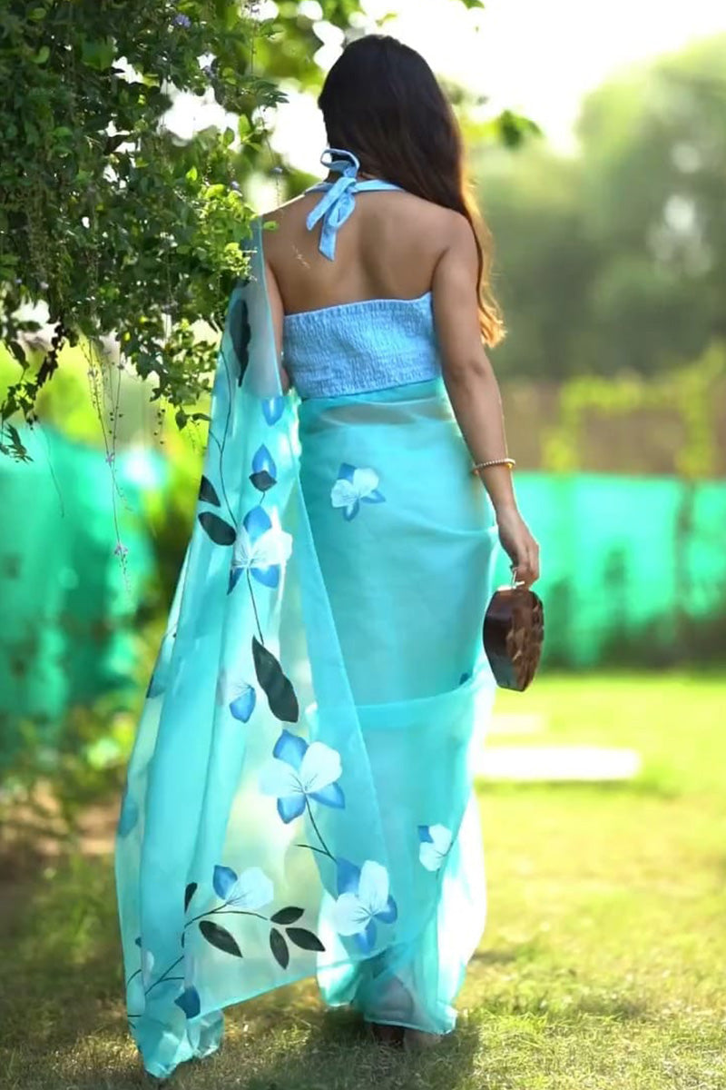 Amazing 1 Minute Ready To Wear Sky Blue Organza Floral Digital Printed Saree