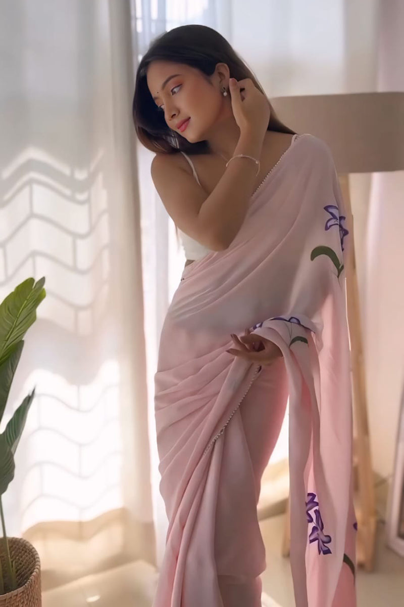 Confounding 1 Minute Ready To Wear Pink Georgette Floral Digital Printed Saree