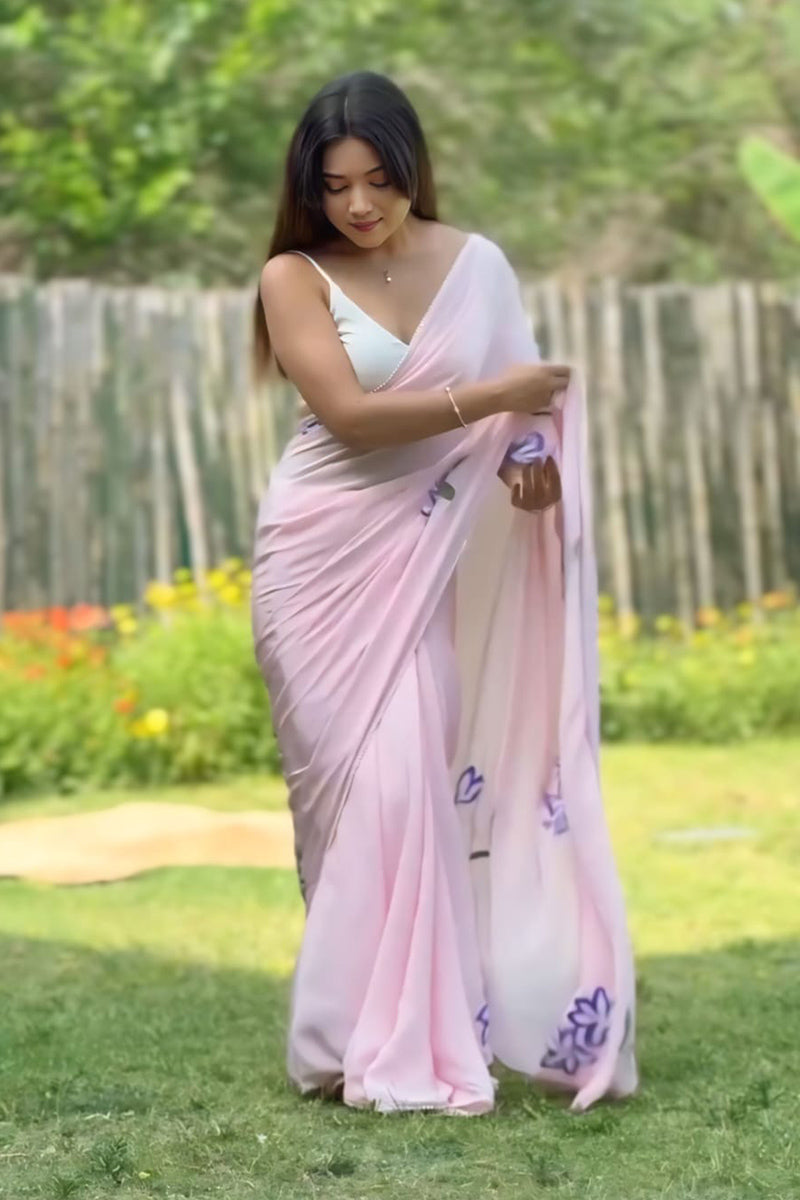Confounding 1 Minute Ready To Wear Pink Georgette Floral Digital Printed Saree