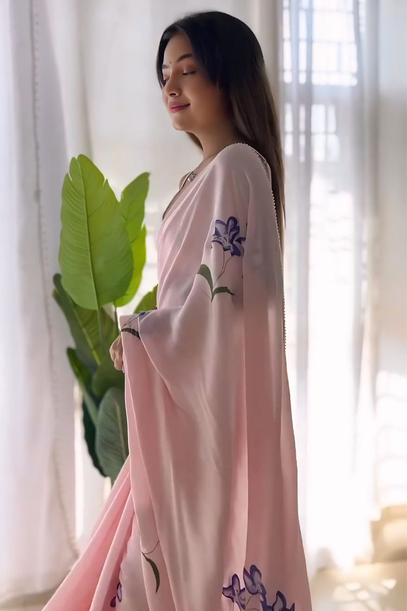 Confounding 1 Minute Ready To Wear Pink Georgette Floral Digital Printed Saree