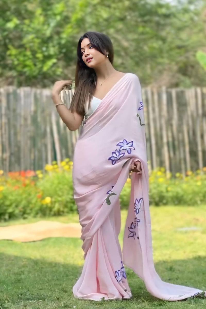 Confounding 1 Minute Ready To Wear Pink Georgette Floral Digital Printed Saree