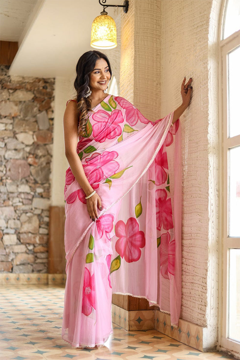 Embrocation 1 Minute Ready To Wear Pink Georgette Floral Digital Printed Saree