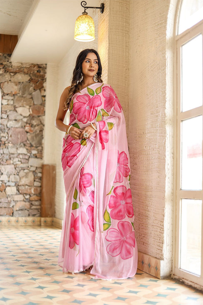 Embrocation 1 Minute Ready To Wear Pink Georgette Floral Digital Printed Saree