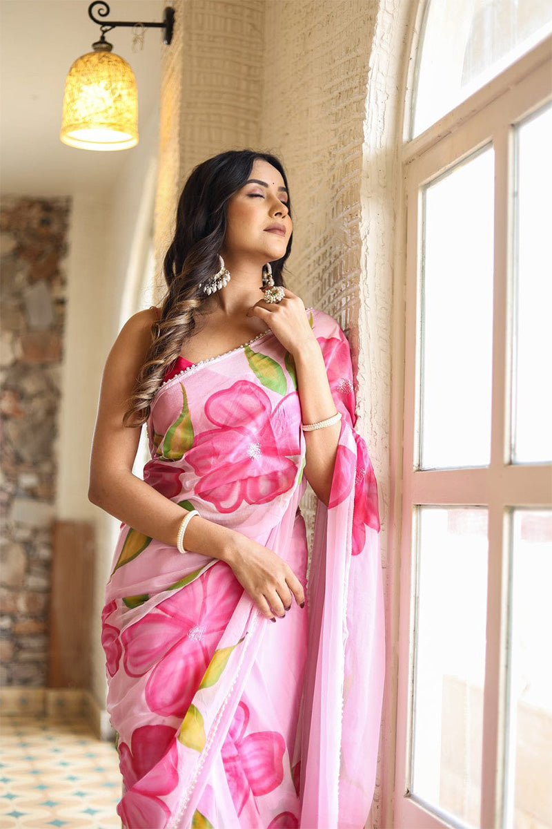 Embrocation 1 Minute Ready To Wear Pink Georgette Floral Digital Printed Saree