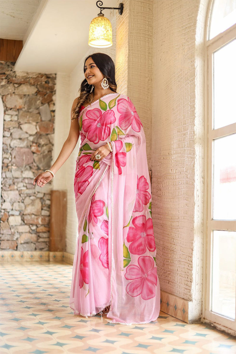 Embrocation 1 Minute Ready To Wear Pink Georgette Floral Digital Printed Saree