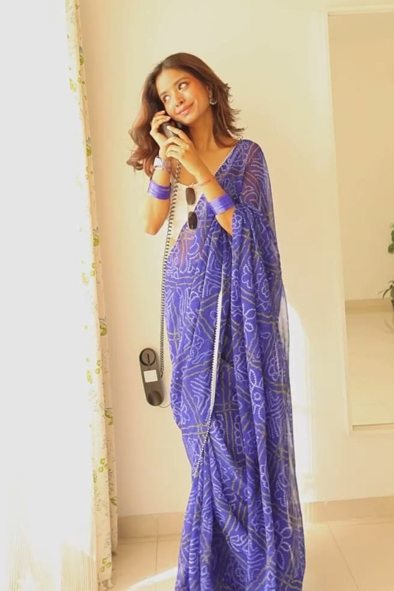 Groovy 1 Minute Ready To Wear Blue Georgette Bandhani Digital Printed Saree