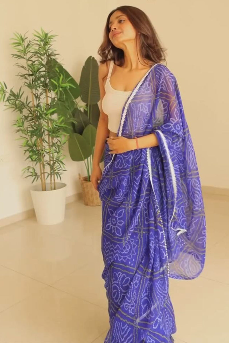 Groovy 1 Minute Ready To Wear Blue Georgette Bandhani Digital Printed Saree