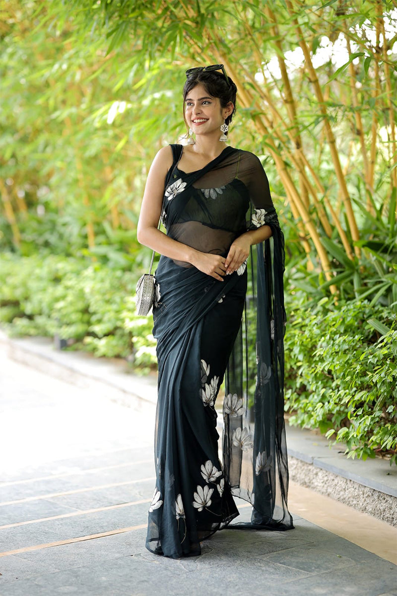 Inspiring 1 Minute Ready To Wear Black Georgette Floral Digital Printed Saree