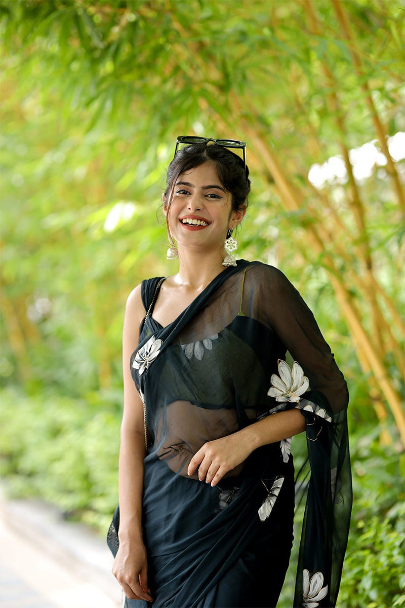 Inspiring 1 Minute Ready To Wear Black Georgette Floral Digital Printed Saree