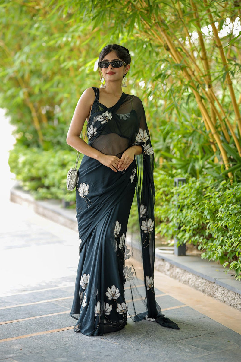 Inspiring 1 Minute Ready To Wear Black Georgette Floral Digital Printed Saree