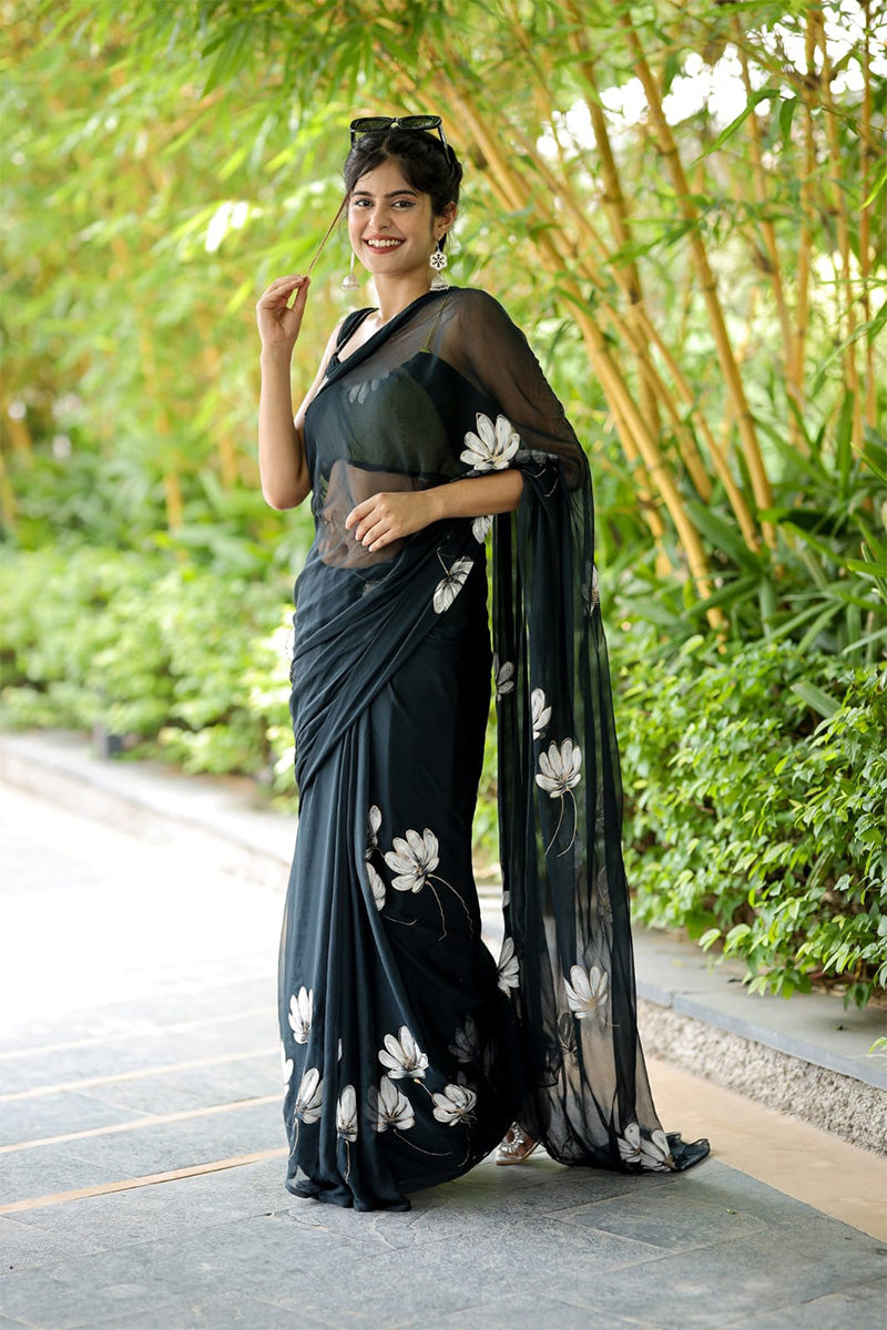 Inspiring 1 Minute Ready To Wear Black Georgette Floral Digital Printed Saree