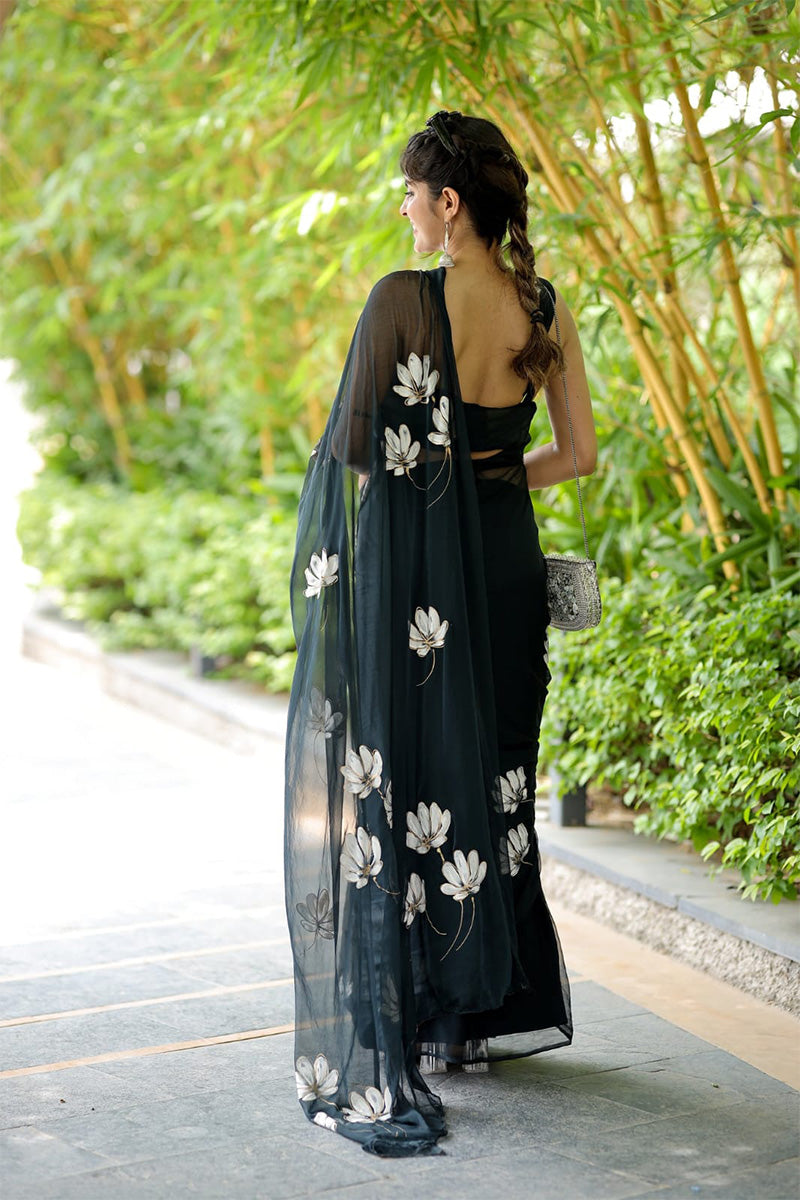 Inspiring 1 Minute Ready To Wear Black Georgette Floral Digital Printed Saree