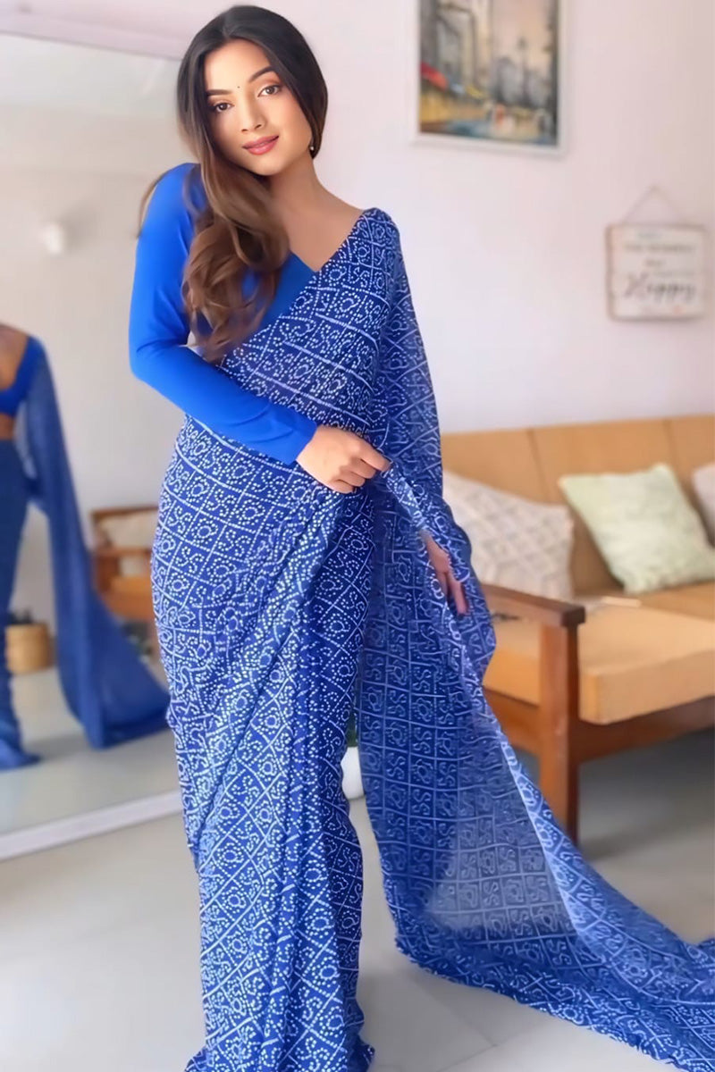 Most Flattering 1 Minute Ready To Wear Blue Georgette Bandhani Digital Printed Saree