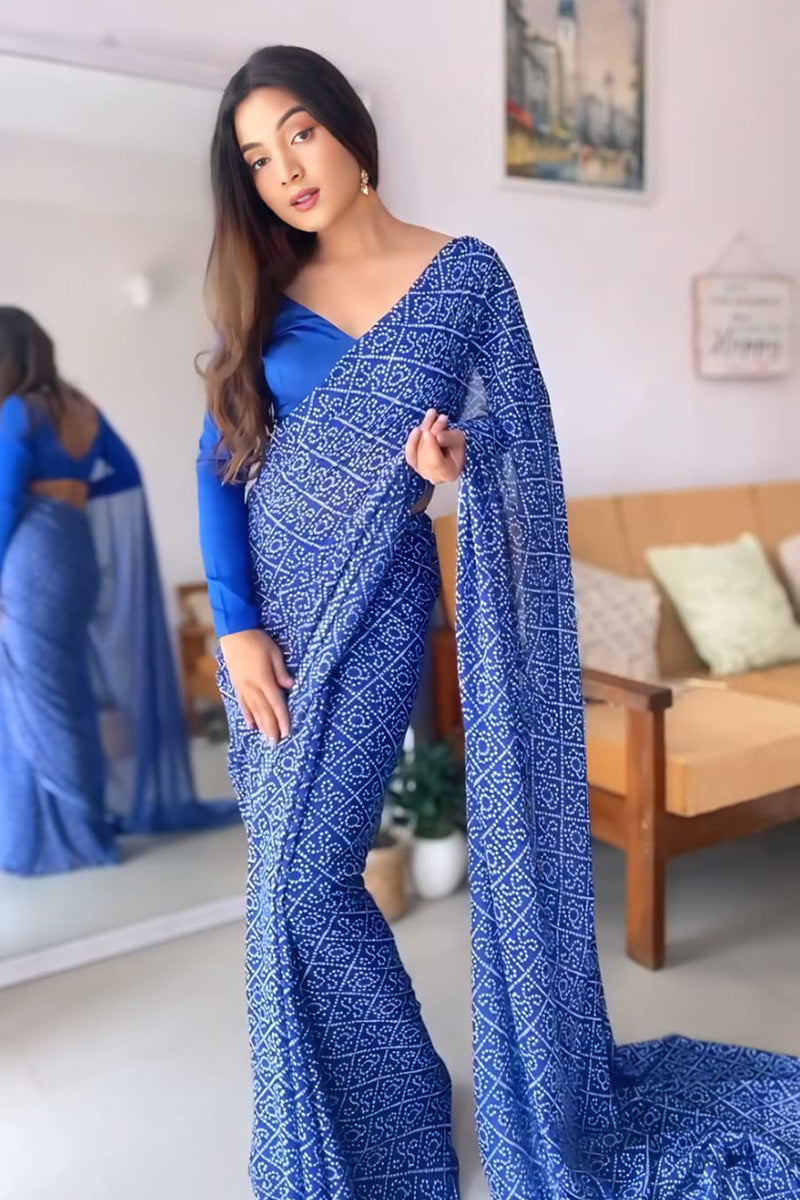 Most Flattering 1 Minute Ready To Wear Blue Georgette Bandhani Digital Printed Saree