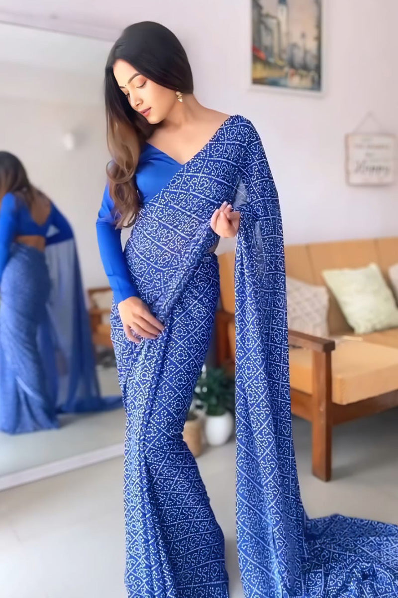 Most Flattering 1 Minute Ready To Wear Blue Georgette Bandhani Digital Printed Saree