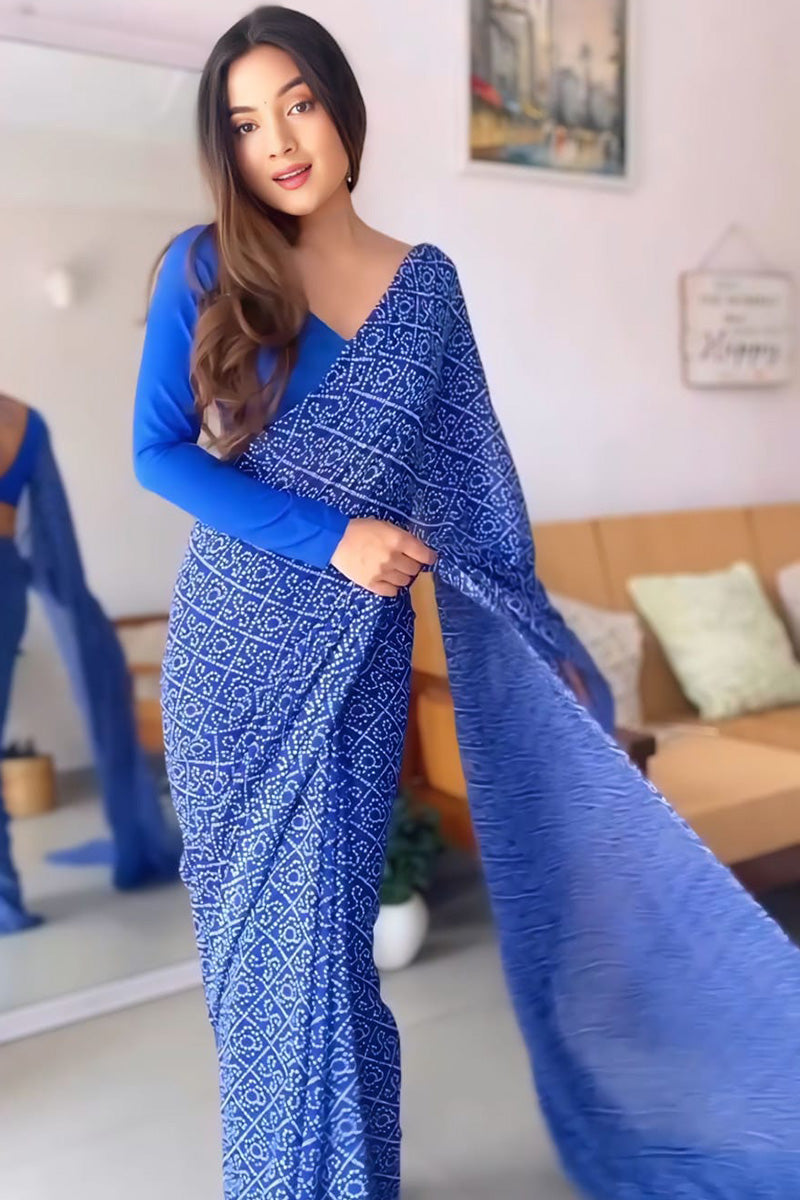 Most Flattering 1 Minute Ready To Wear Blue Georgette Bandhani Digital Printed Saree