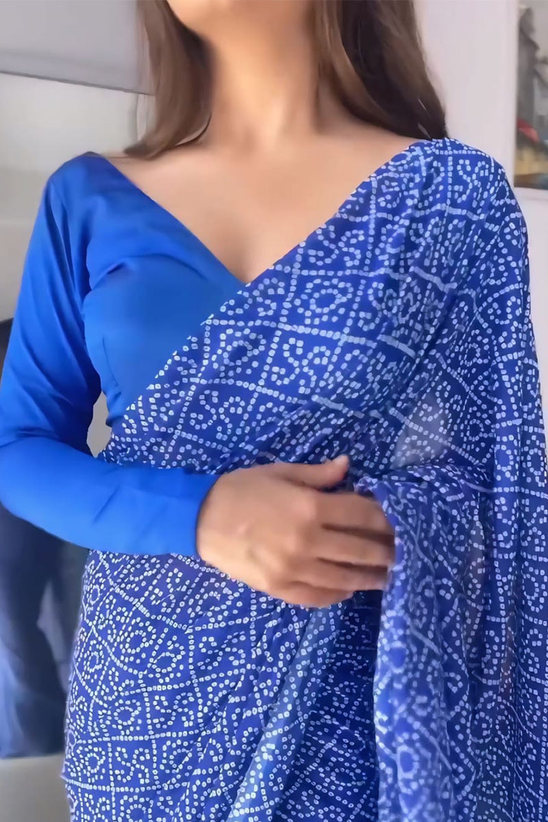 Most Flattering 1 Minute Ready To Wear Blue Georgette Bandhani Digital Printed Saree
