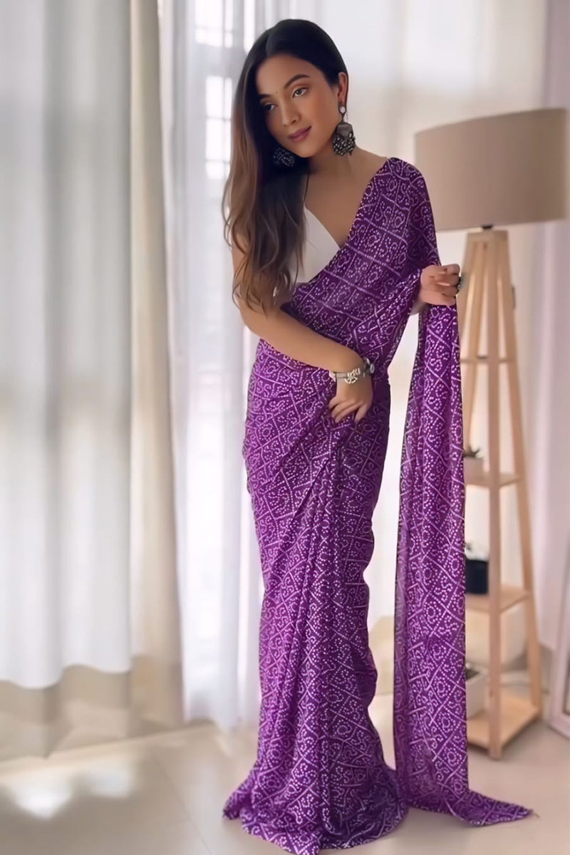 Surreptitious 1 Minute Ready To Wear Purple Georgette Bandhani Digital Printed Saree