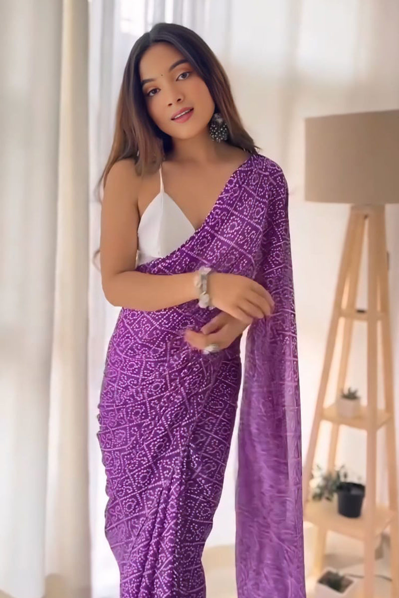 Surreptitious 1 Minute Ready To Wear Purple Georgette Bandhani Digital Printed Saree