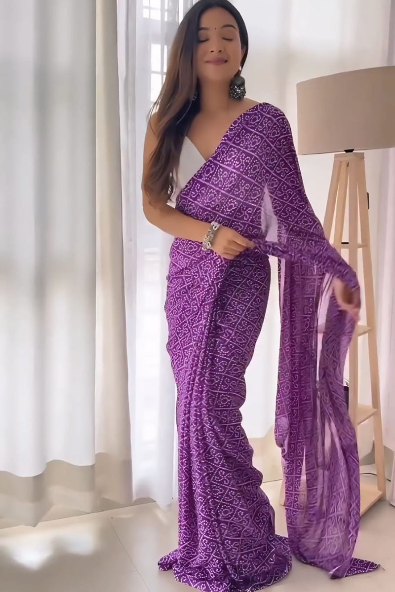 Surreptitious 1 Minute Ready To Wear Purple Georgette Bandhani Digital Printed Saree