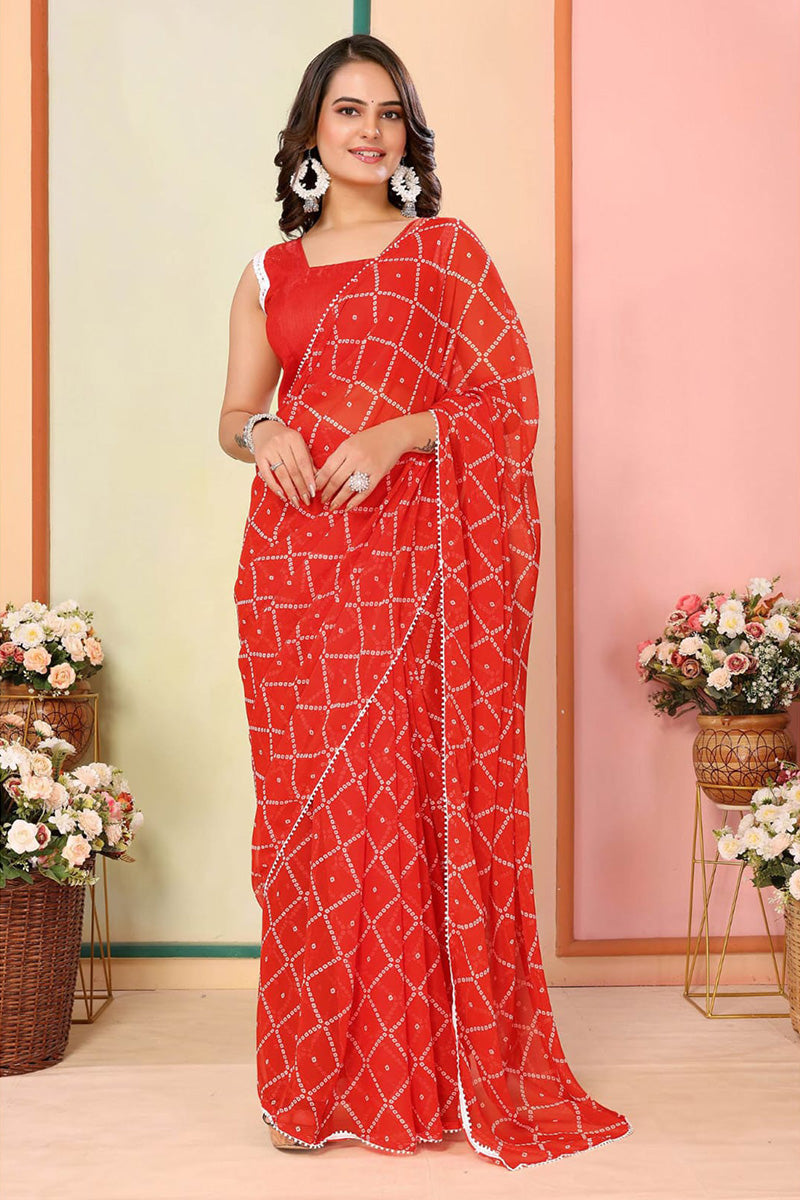 Vestigial 1 Minute Ready To Wear Red Georgette Bandhani Digital Printed Saree
