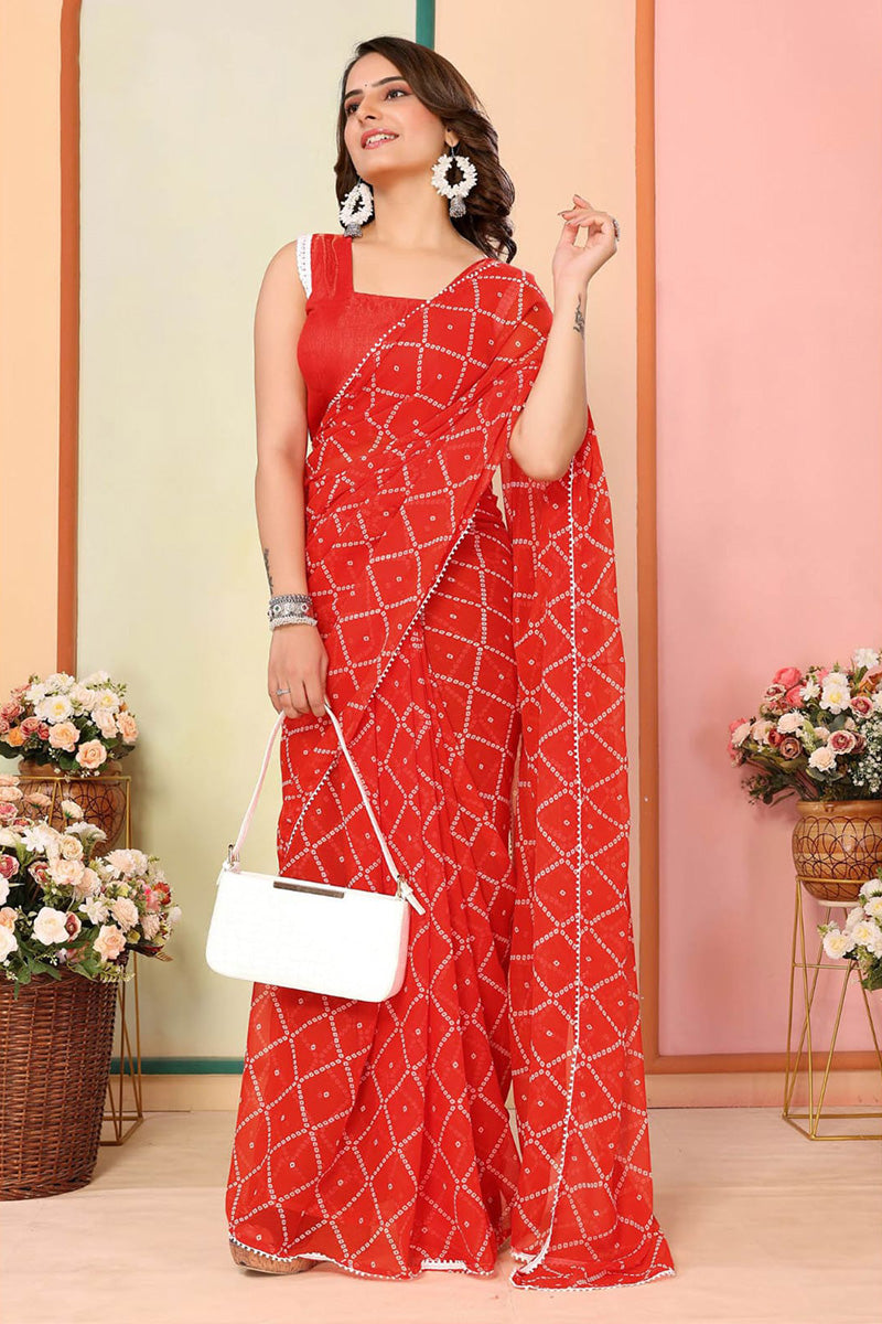 Vestigial 1 Minute Ready To Wear Red Georgette Bandhani Digital Printed Saree