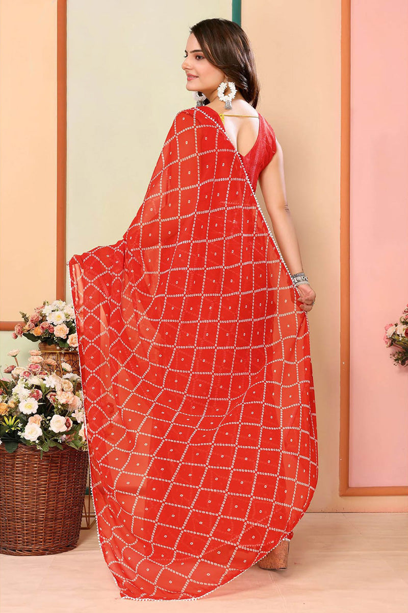 Vestigial 1 Minute Ready To Wear Red Georgette Bandhani Digital Printed Saree