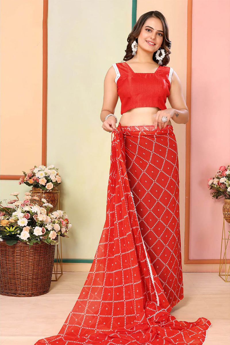 Vestigial 1 Minute Ready To Wear Red Georgette Bandhani Digital Printed Saree