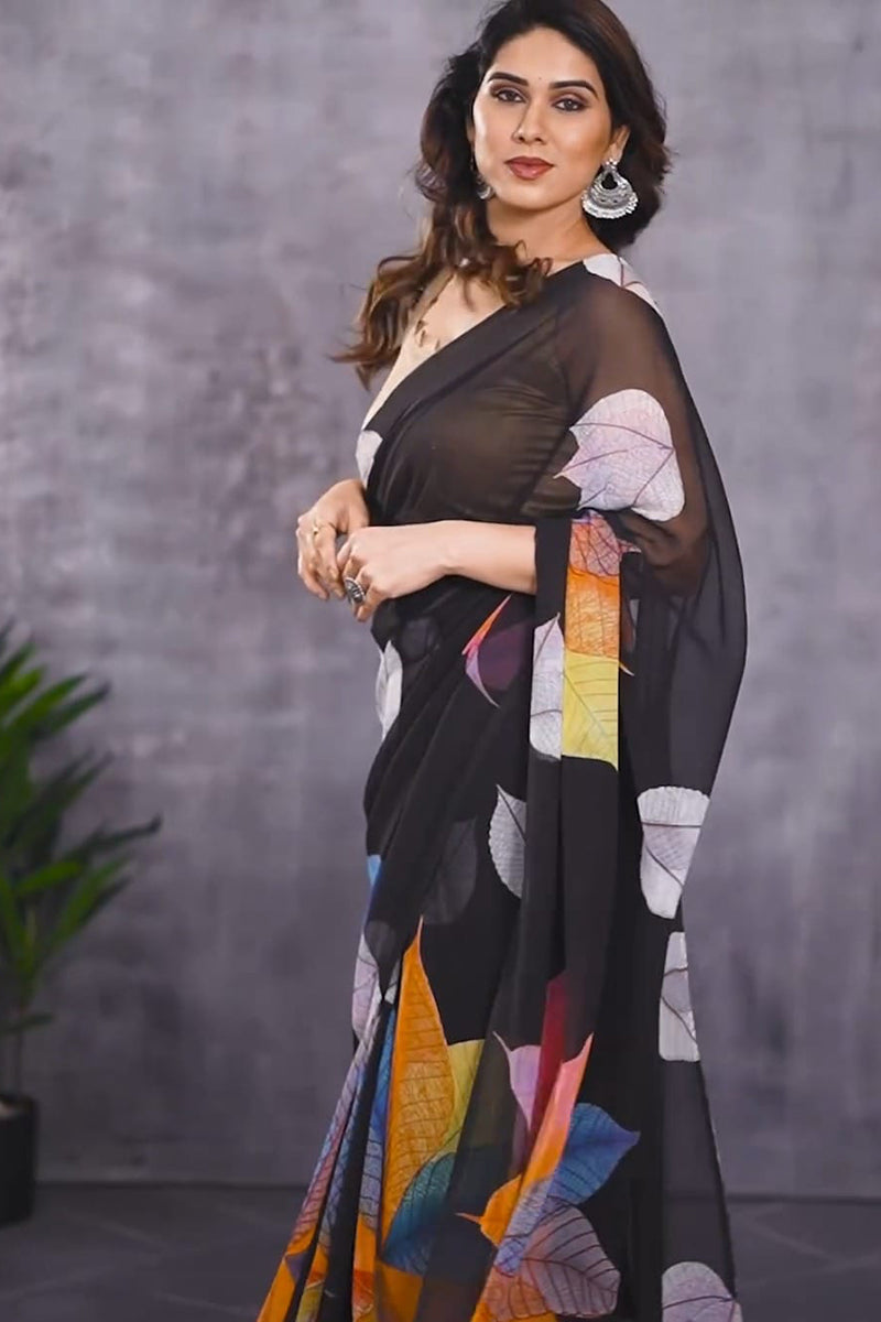 Evocative 1 Minute Ready To Wear Black Georgette Floral Digital Printed Saree