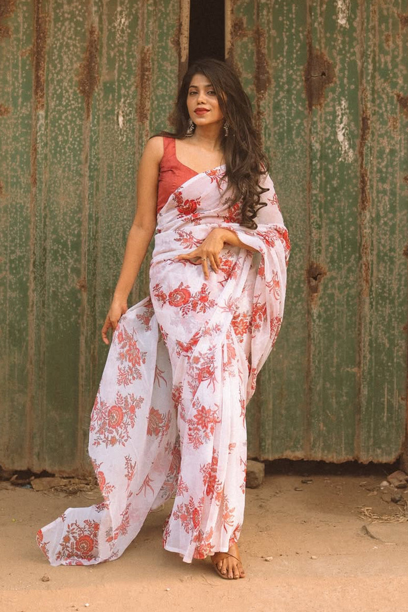 Designer 1 Minute Ready To Wear White Georgette Floral Digital Printed Saree